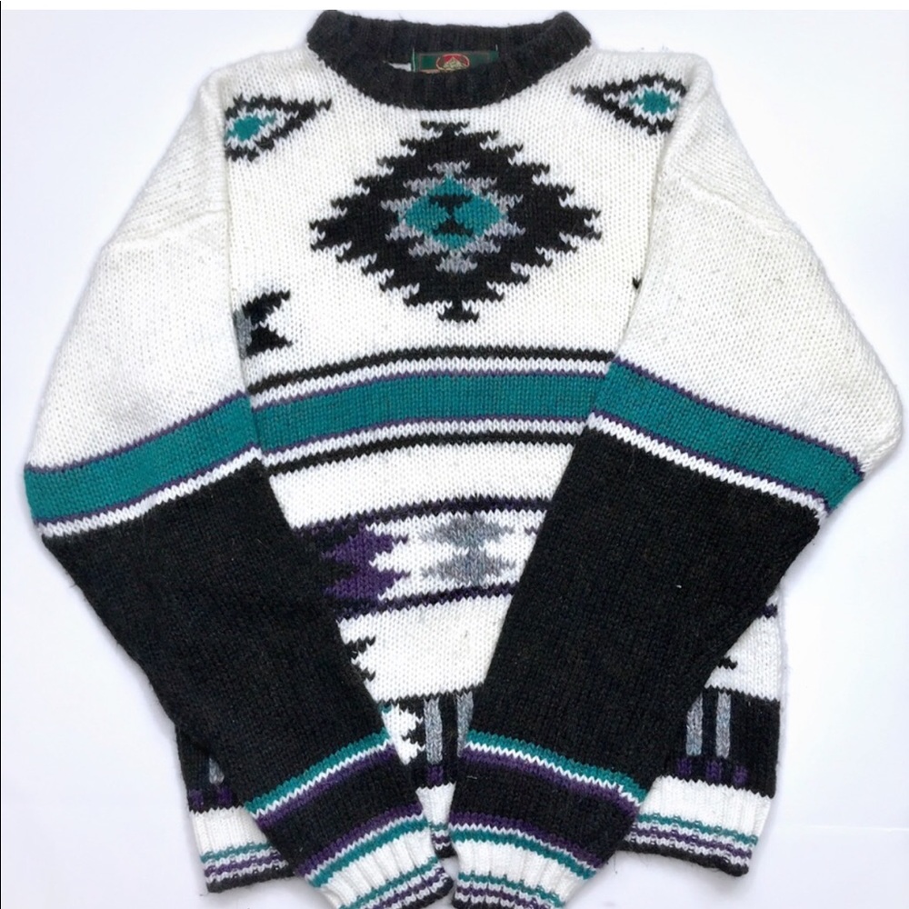 Men’s Vintage Greatland Southwest Style Black White Teal Purple Sweater Sz Small